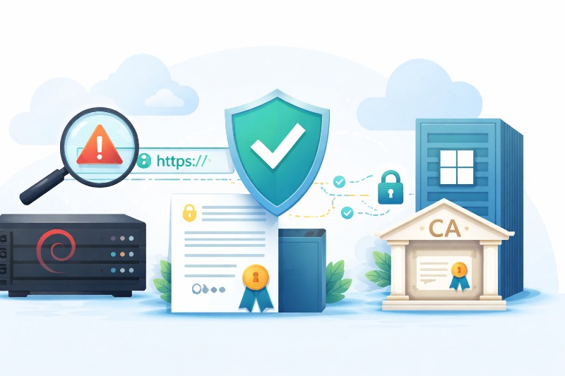 Debian 12 + Windows-SubCA: HSTS-Fehler, ERR_CERT_COMMON_NAME_INVALID und fehlendes SAN richtig lösen